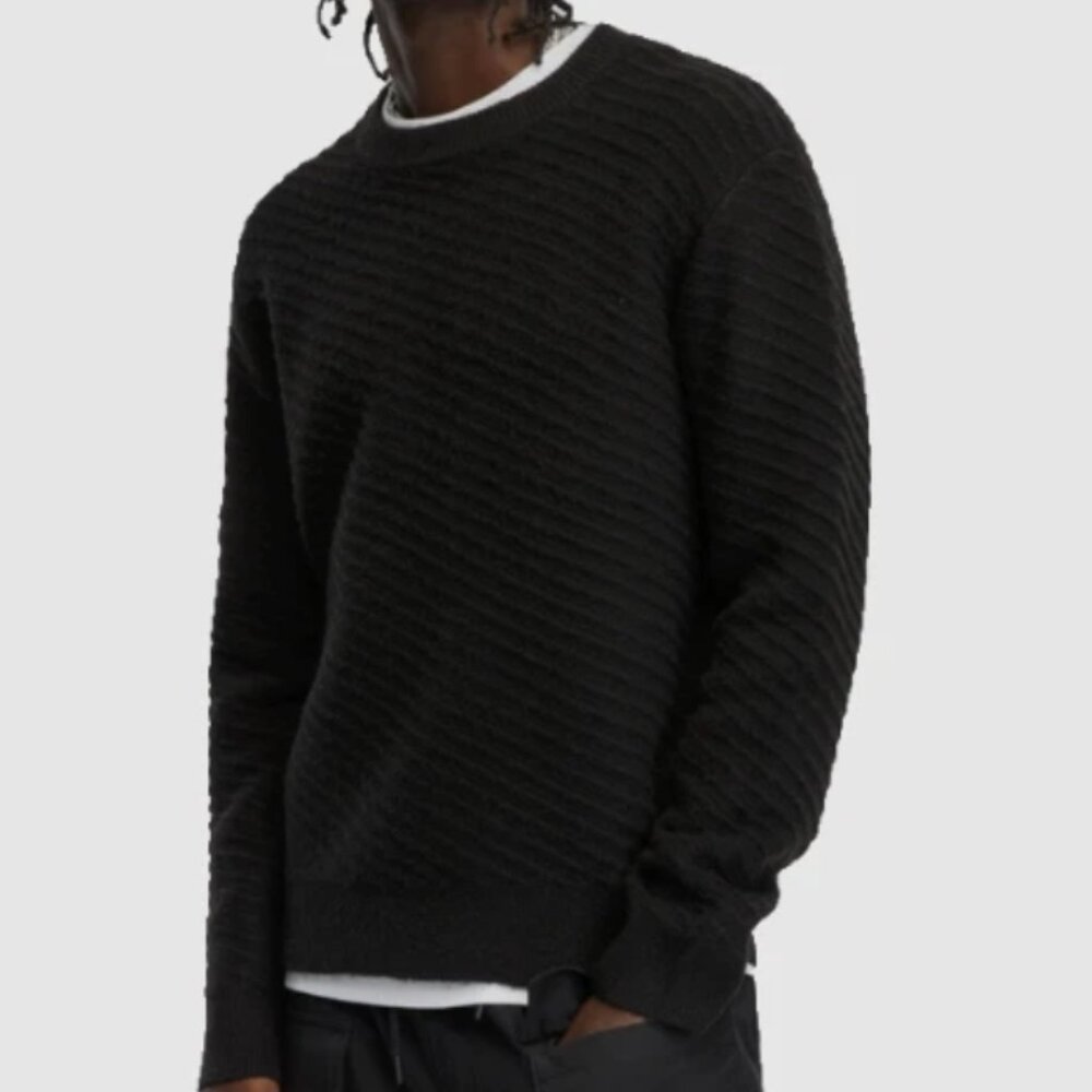 Mode of One Men's Relaxed Fit Diagonal Texture Sweater Deep Black Size XXL